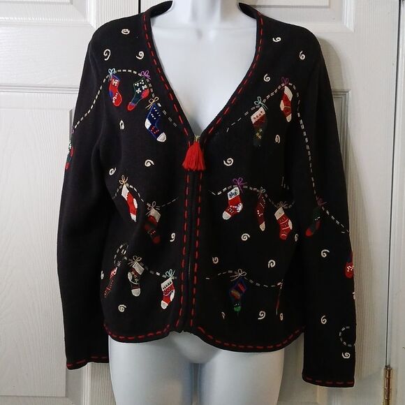 Planet & Co  Petite black holiday Christmas stocking cardigan Sz SP - Picture 1 of 11